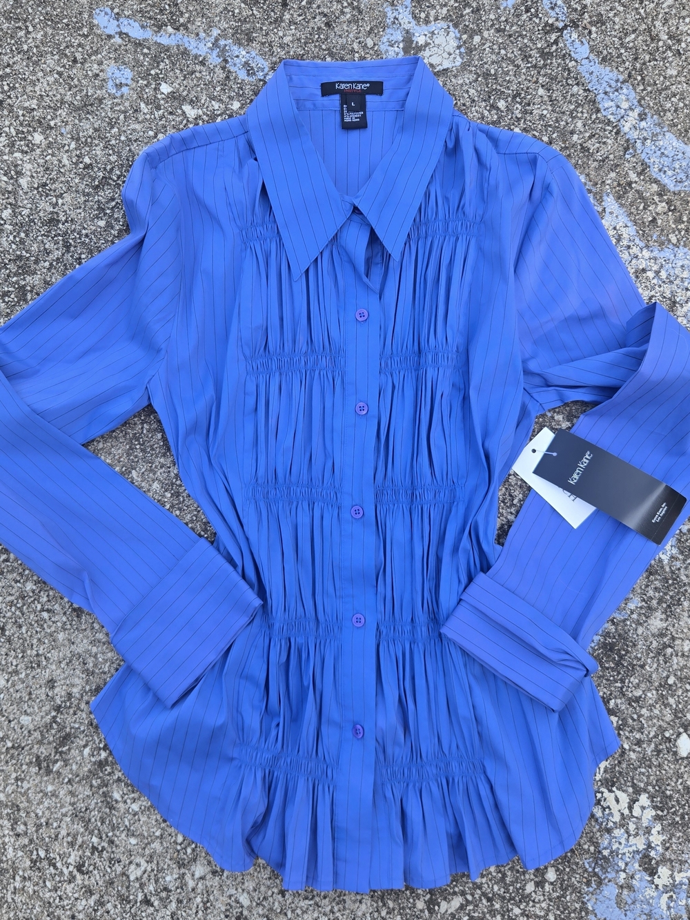 Karen Kane button-down shirt blue pinstripe pattern shirring ruched pleated